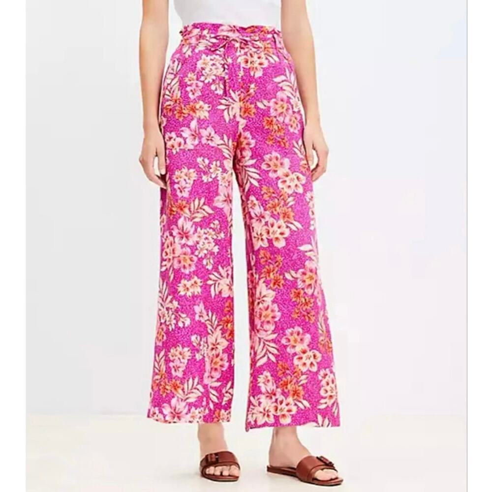 NWT LOFT Pink Floral Wide-Leg Pull-On Pants Linen Blend M
